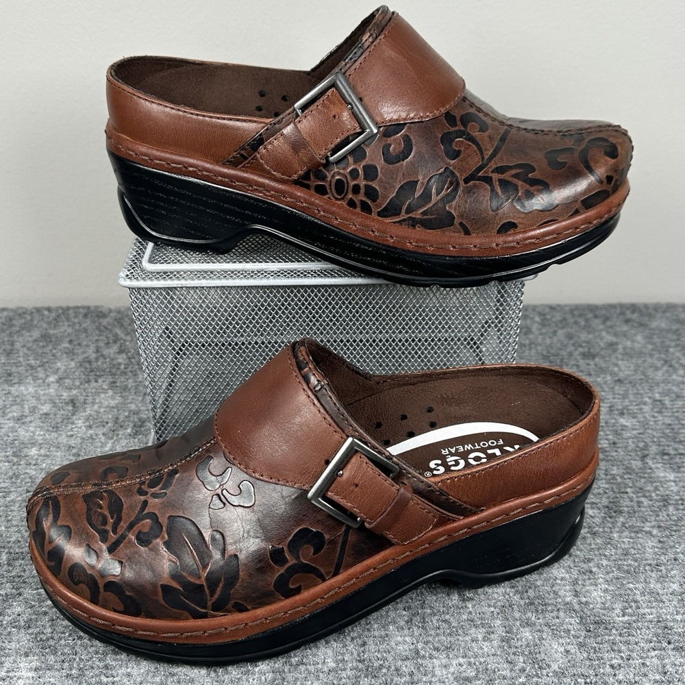 KLOGS Austin Floral Tooled Leather Comfort Clogs Women's 7 Brown Slip Resistant